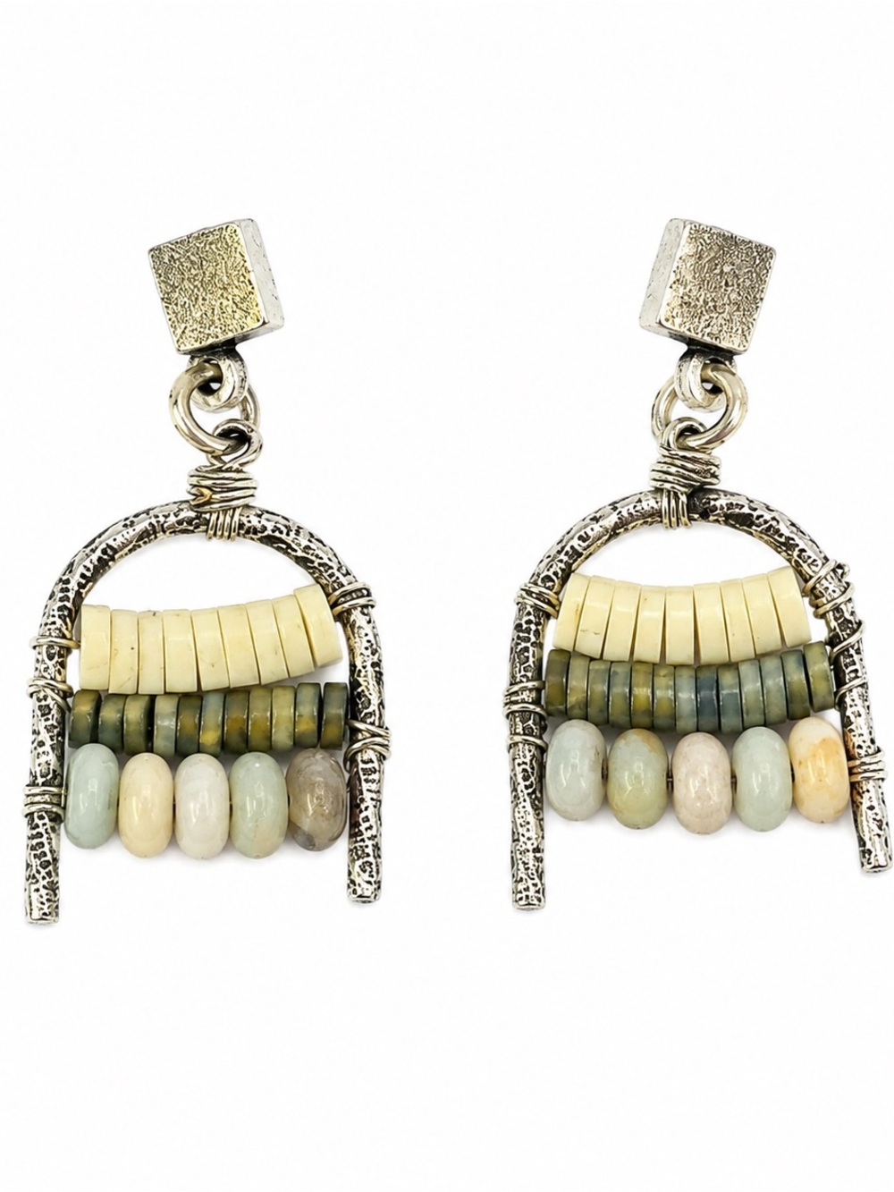Boho Silver Tone Beaded Arch Drop Earrings Southwestern Artisan Style